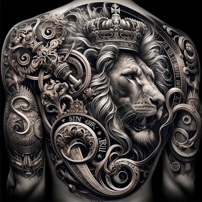 Татуировка с надписью Lion Sin of Pride с величественным львом и царственными символами