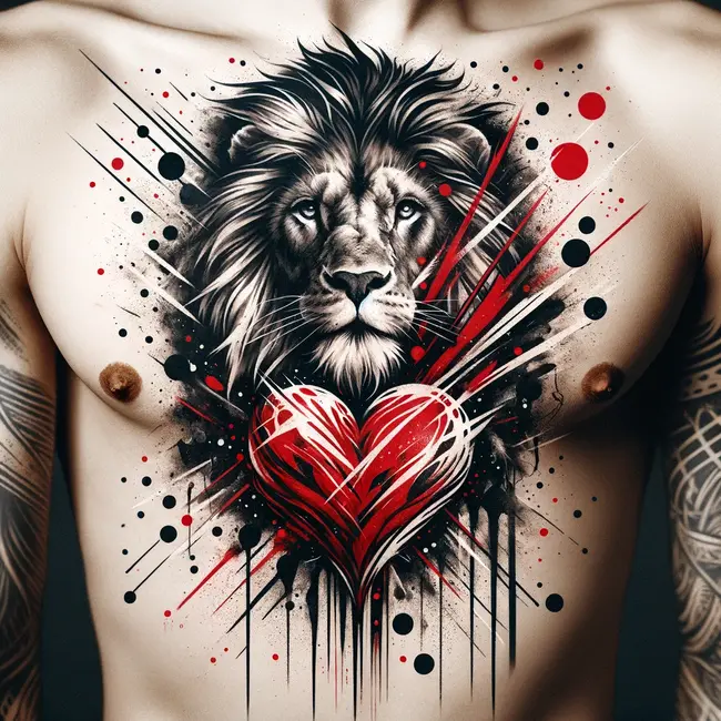 Trash polka lion and heart tattoo on the chest, blending realistic and graphic elements in bold black and red inks