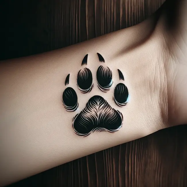 The tattoo elegantly captures the detailed imprint of a lion's paw on the wrist with a minimalist yet impactful design
