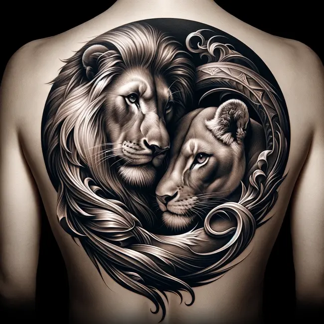 Tattoo of lion and lioness side by side emphasizing their unity,  strength, and loyalty