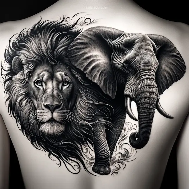 Татуировка изображает льва и слона в детальной черно-серой гамме на широком полотне спины