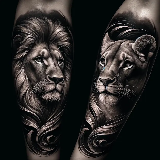 Татуировка льва и львицы с замысловатыми деталями, подчеркивающими их взаимное уважение и синергию 