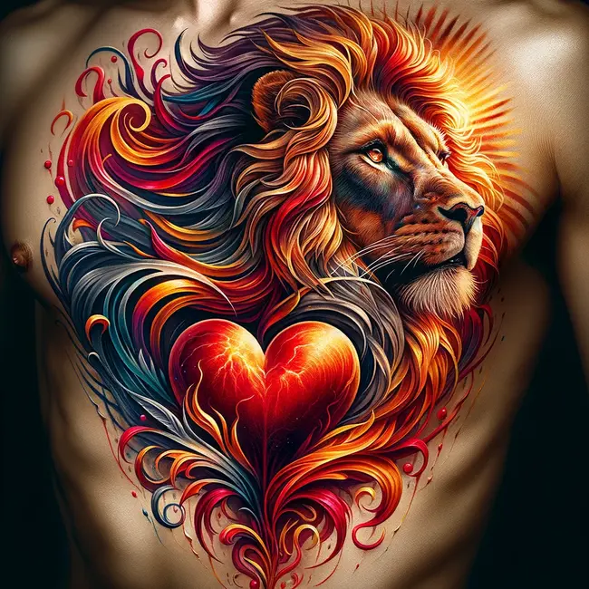 The tattoo portrays the vibrant spirit of being lion-hearted with a colorful heart encased in a lion's mane on the side of the torso