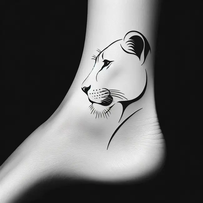 The tattoo showcases a minimalist design of lioness on the ankle, using simple lines to convey femininity, grace, and strength
