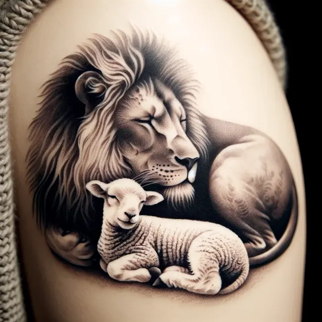 Tattoo inked on the side of the body illustrates the unity of a lion and a lamb in a serene embrace