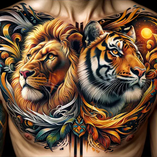 Татуировка на груди льва и тигра в ярких цветах, подчеркивающих их величие и свирепость