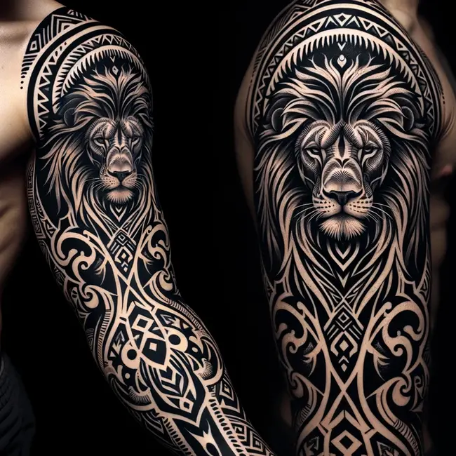 Тату-рукав в стиле трайбл с величественным львом, выполненная черными чернилами с использованием трайбл-узоров