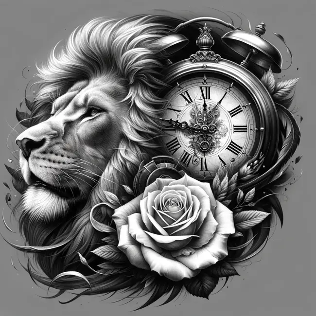 Татуировка сочетает в себе льва, часы и розу с детальной проработкой каждого элемента