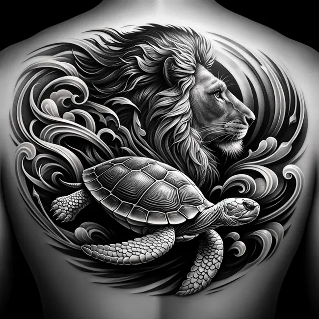 The tattoo creatively pairs a lion and a turtle on the side of the torso