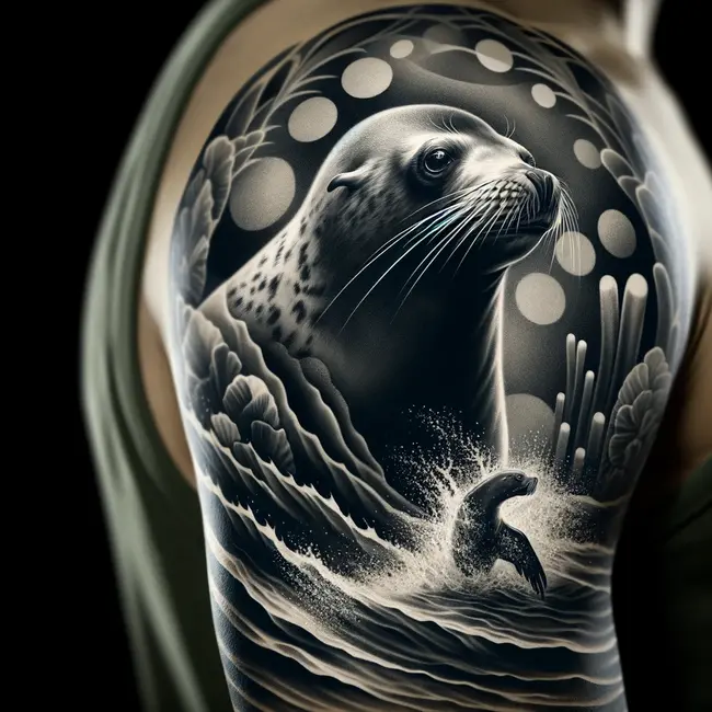 Sea lion tattoo with detailing of his torso and marine environment