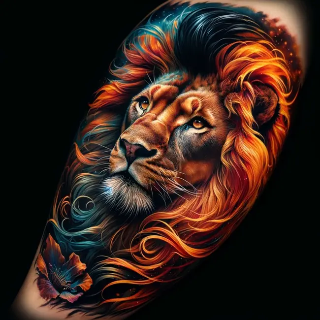 Tattoo captures the majestic presence of a lion in vibrant colors, highlighting its fierce gaze and flowing mane with remarkable realism