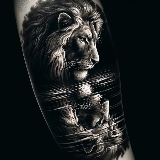 Forearm tattoo of lion gazing into its reflection, rendered in shades of black and gray on the forearm 