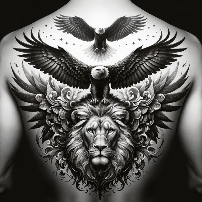 Eagle and a lion tattoo composition on the back that celebrates the unity of sky and land