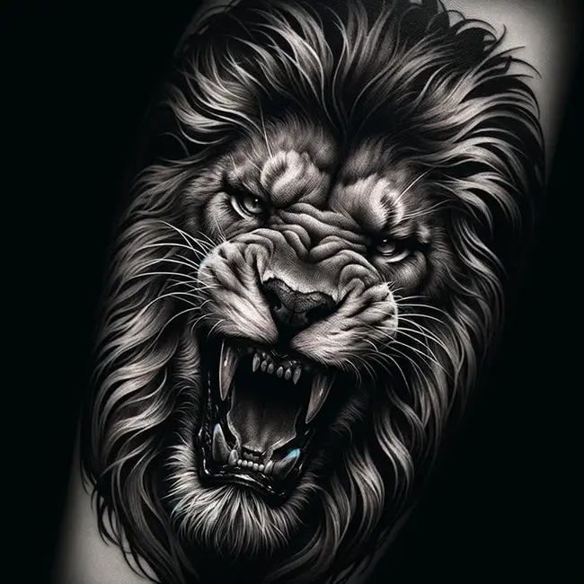 Татуировка разъяренного льва со свирепым выражением лица и детально проработанной гривой в черно-серых тонах