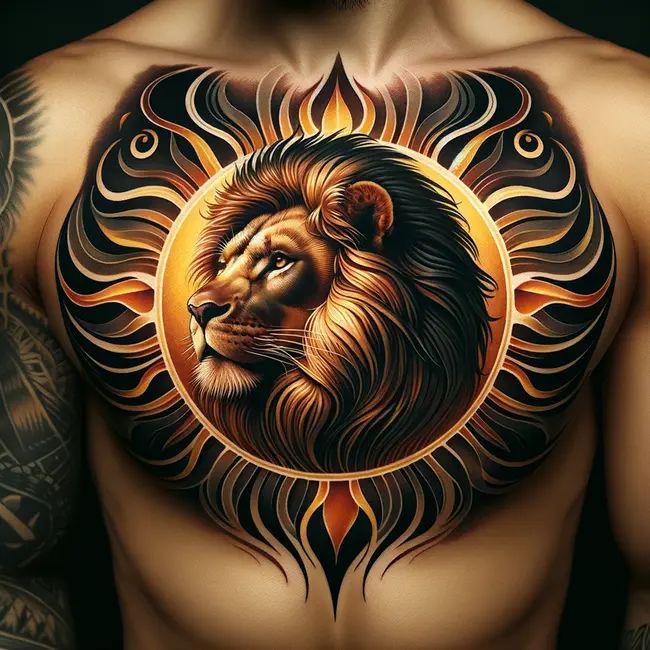 Lion with the sun radiating behind it on the chest in vibrant warm colors