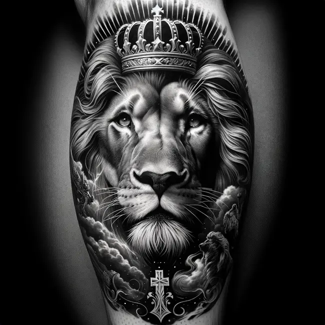 Тату изображает льва с короной на голове и крестом на шее