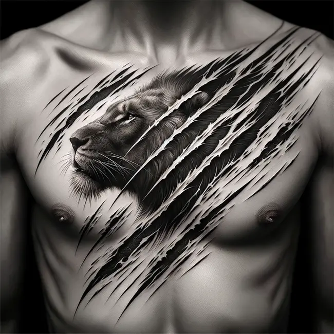 Татуировка в виде львиных царапин на груди, выполненная глубокими зазубренными линиями в реалистичном стиле