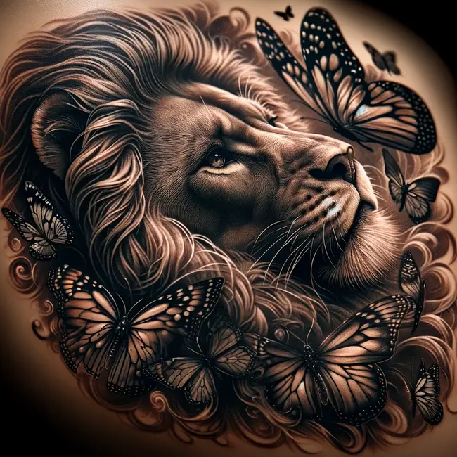 Татуировка в виде льва и бабочек, выполненная в мягких черно-белых тонах