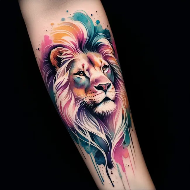 Акварельная тату льва, выполненная в сочетании пастельных и ярких оттенков