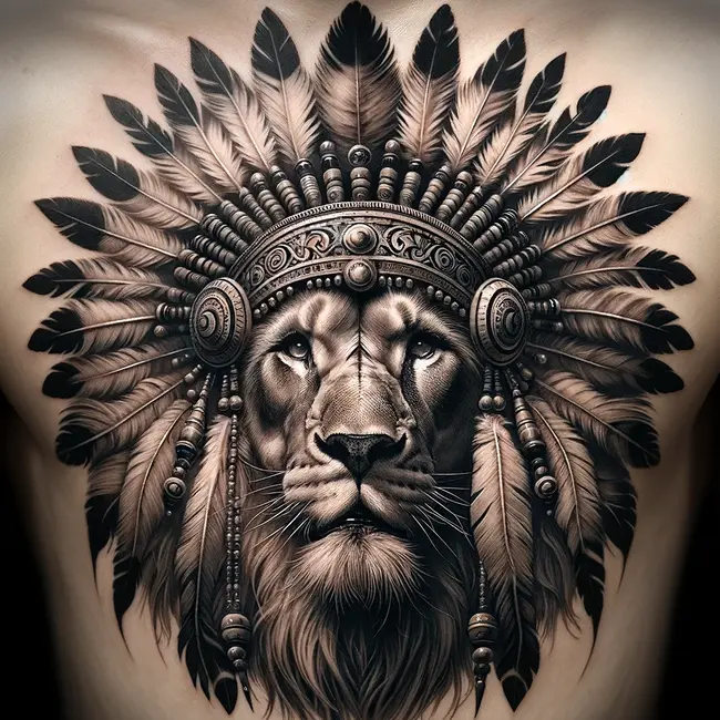 The tattoo features a regal lion adorned with an elaborate tribal headdress