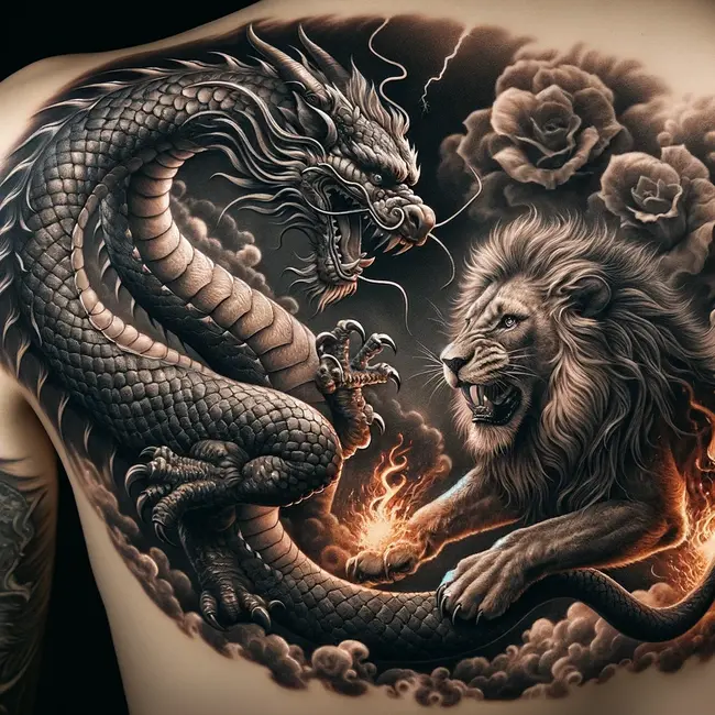 Back tattoo illustrates a dramatic battle between a dragon and a lion, embodying a powerful clash of courage and strength