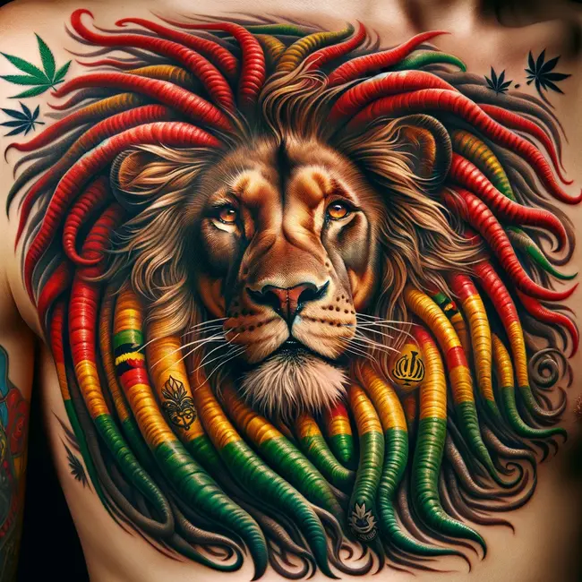 Rasta lion chest tattoo with a dreads-like mane in vibrant colors, symbolizing spirit of the Rastafarian culture