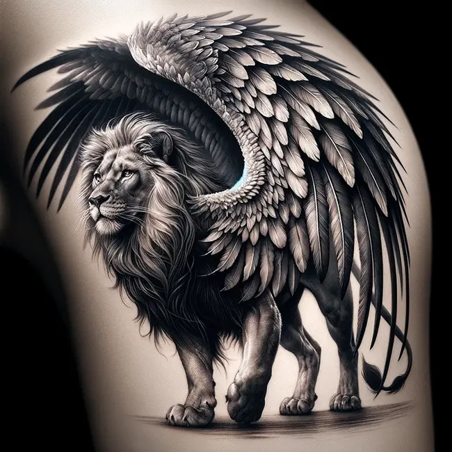 The tattoo depicts a majestic lion with expansive wings, embodying a blend of earthly strength and celestial freedom