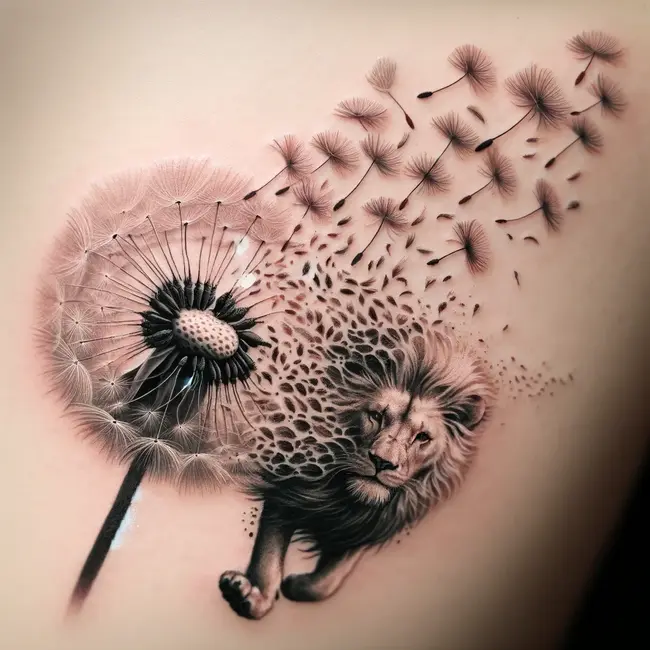 Реалистичная татуировка, изображающая превращение одуванчика во льва