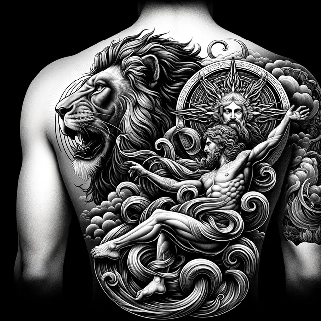Tattoo depicts a majestic lion and a representation of God designed to cover the entire back