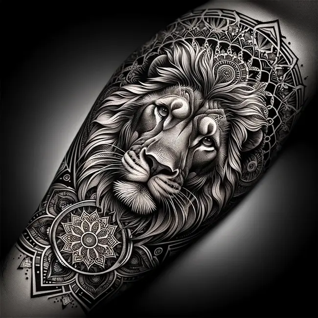 Tattoo design combines the fierce beauty of a lion's face with intricate mandala patterns, ideal for arm placement