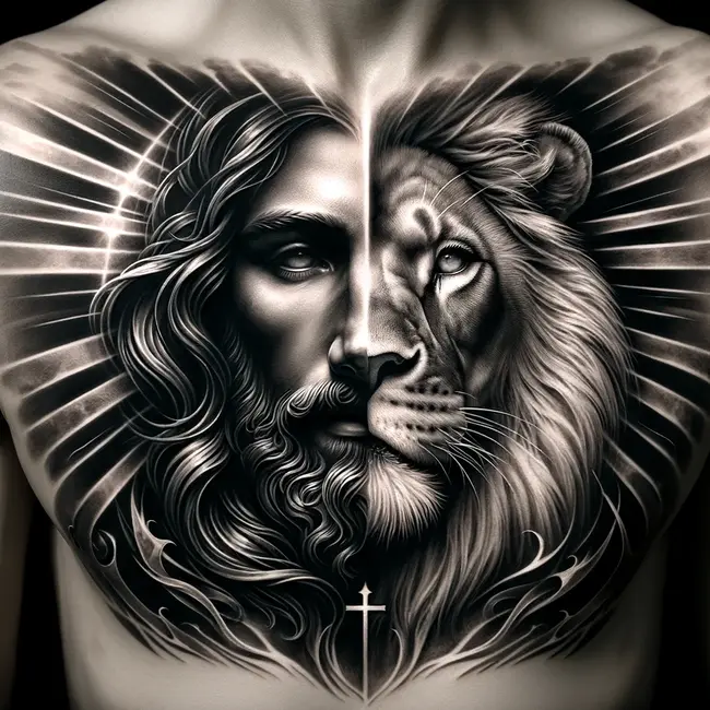 The tattoo artistically combines the visage of Jesus Christ with that of a lion on the chest, symbolizing the profound unity of compassion and sovereign strength