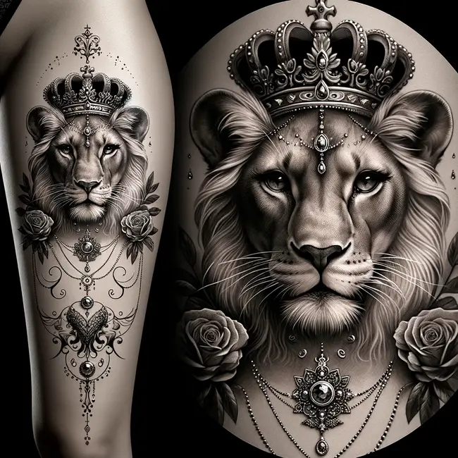 Tattoo showcases a regal lioness adorned with intricate jewelry and a crown
