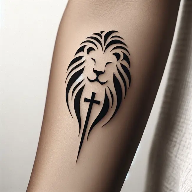 Minimalist Christian lion tattoo design features a sleek lion silhouette with a small cross for discreet placement like the forearm or behind the ear