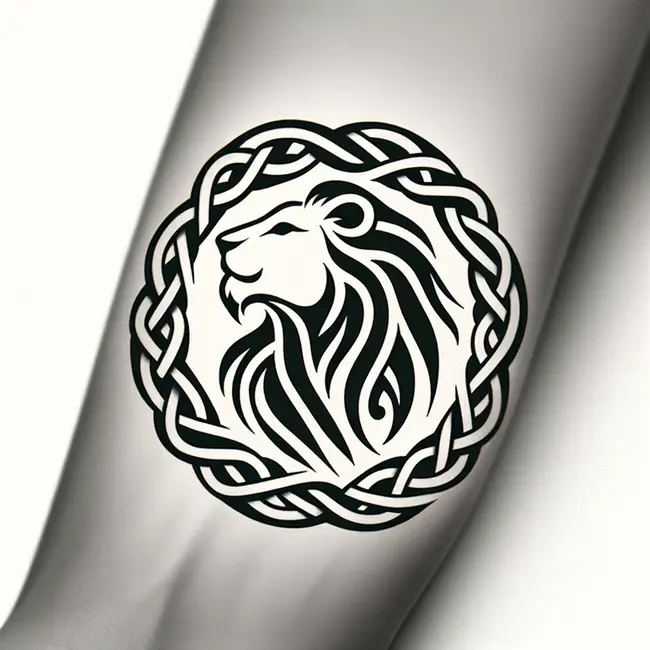 Celtic lion tattoo combines a lion's outline with simple Celtic knots, ideal for ankle or arm