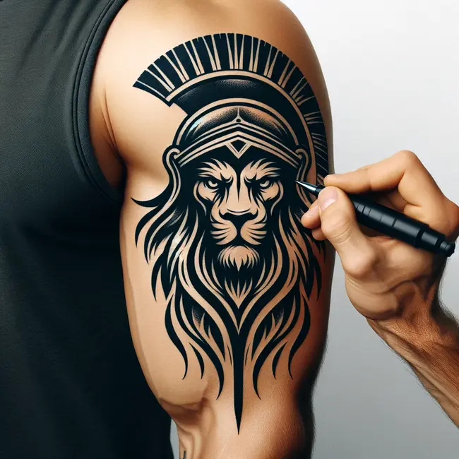 The tattoo depicts a lion's head wearing a Spartan helmet, intended for placement on the upper arm