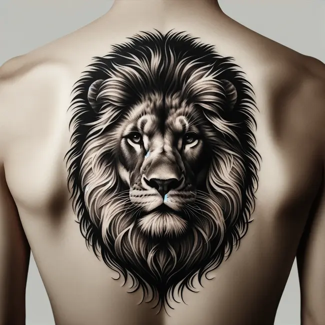 The tattoo showcases a lion in black and white, designed for placement on the back
