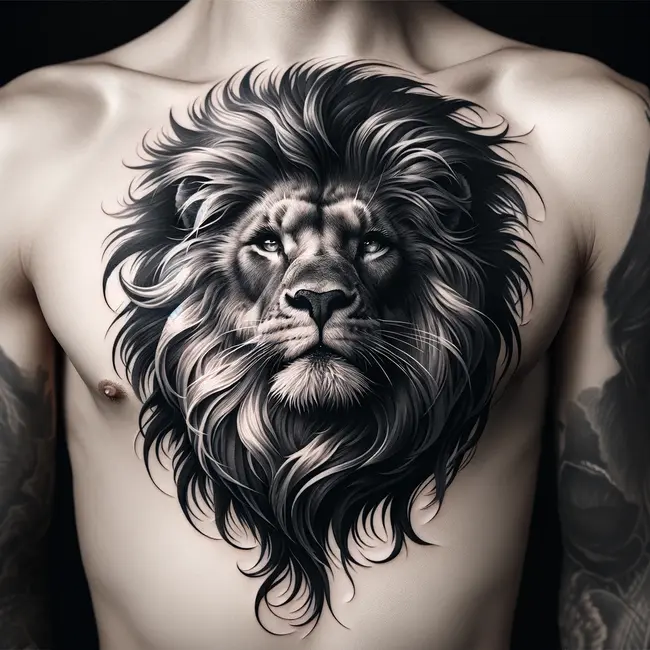 Татуировка представляет собой детально прорисованную львиную морду в черно-серых тонах, предназначенную для области груди