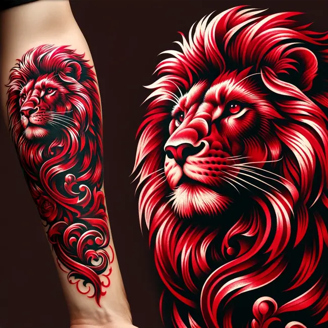 Татуировка на предплечье изображает льва яркого красного цвета