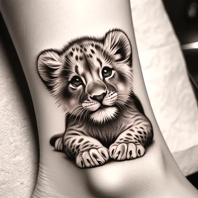Tattoo designed for the ankle captures the innocence and playfulness of a lion cub 