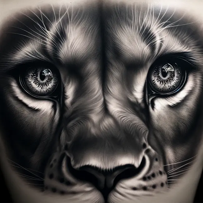 The tattoo delivers a stunning close-up view of a lion's eyes on the upper back, capturing their intense depth and detail, embodying vision and the indomitable spirit of the lion