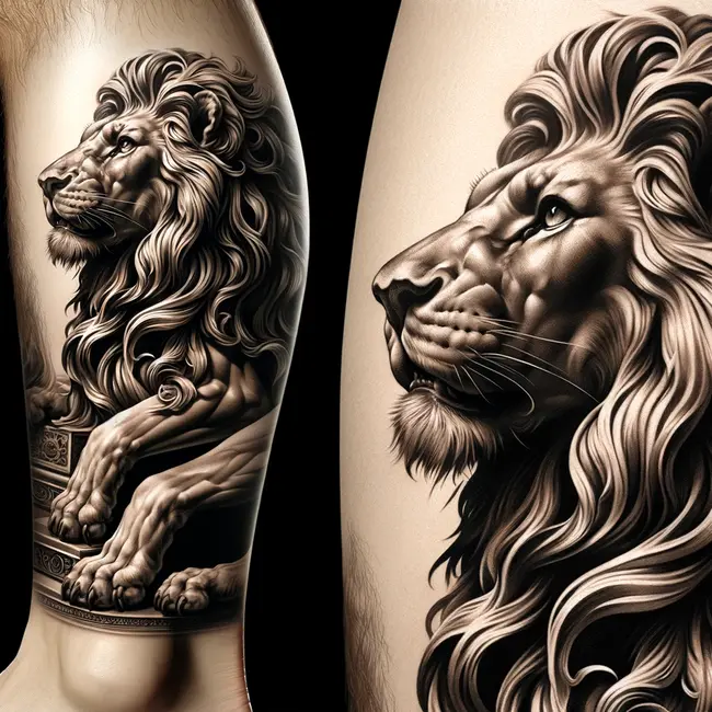 Татуировка классической статуи льва, предназначенная для размещения на икре
