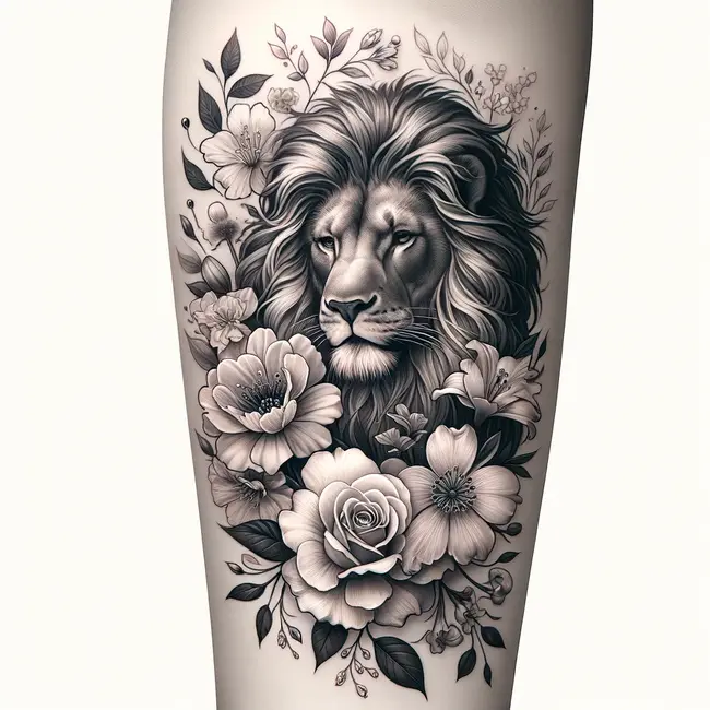 Татуировка сочетает в себе величие безмятежного льва и естественную красоту распустившихся цветов
