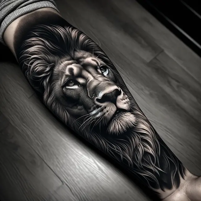 Lion's face tattoo on the forearm, featuring detailed black and gray shading to enhance its realism and depth