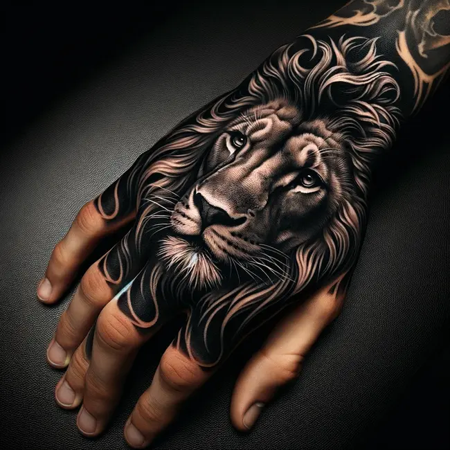Lion's face tattoo on the back of the hand, featuring detailed black and gray work that highlights the lion's eyes, mane, and facial structure