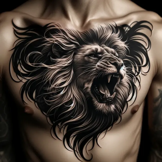 Roaring lion tattoo on the chest, with its mane dramatically extending across the shoulders