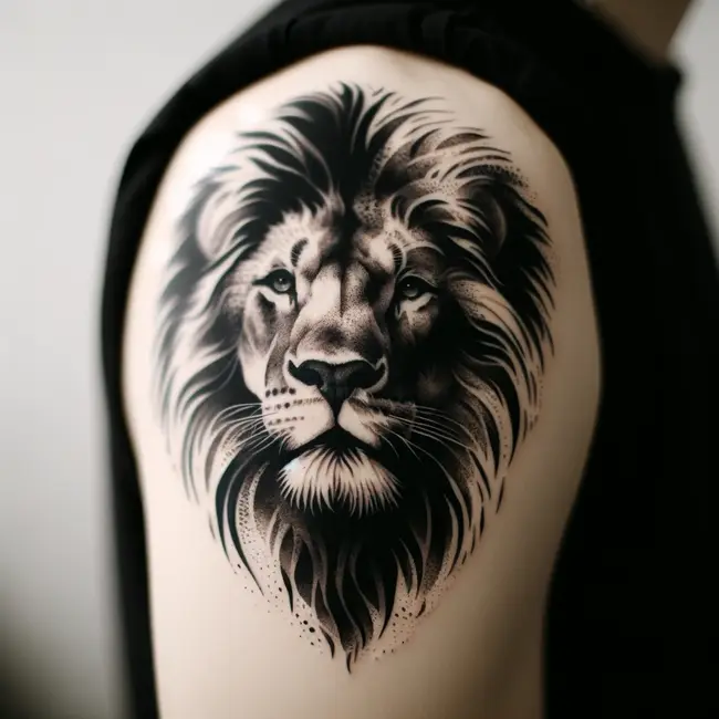 Татуировка льва разработана таким образом, чтобы органично сочетаться с контурами плеча