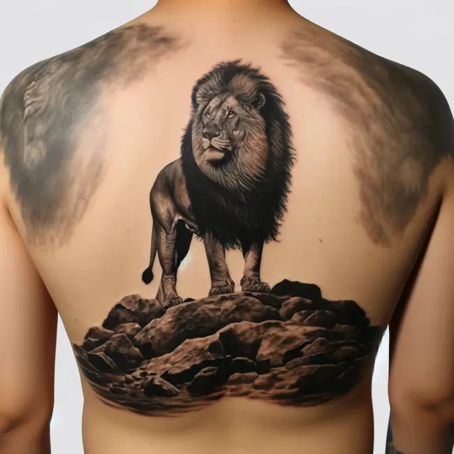 Тату льва на спине, выполненная в детально проработанном реалистичном стиле