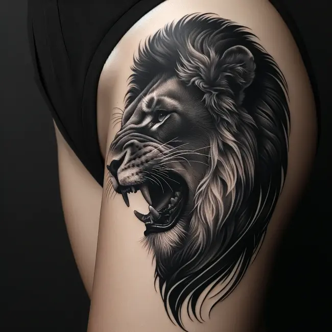 Roaring lion tattoo with a focus on the mane's detail, elegantly designed to encircle the thigh area