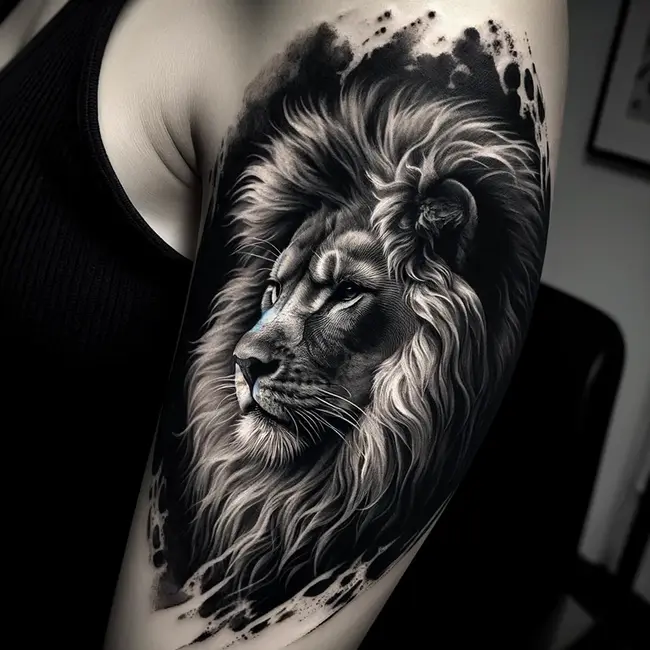 Lion in profile tattoo on the upper arm, focusing on his serene yet authoritative presence