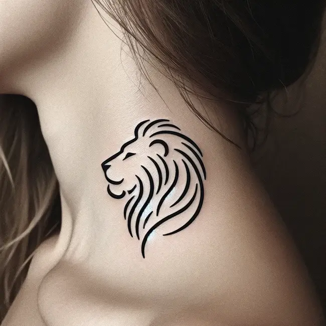 Минималистичное тату в виде силуэта льва на боковой стороне шеи, выполненная из гладких черных линий